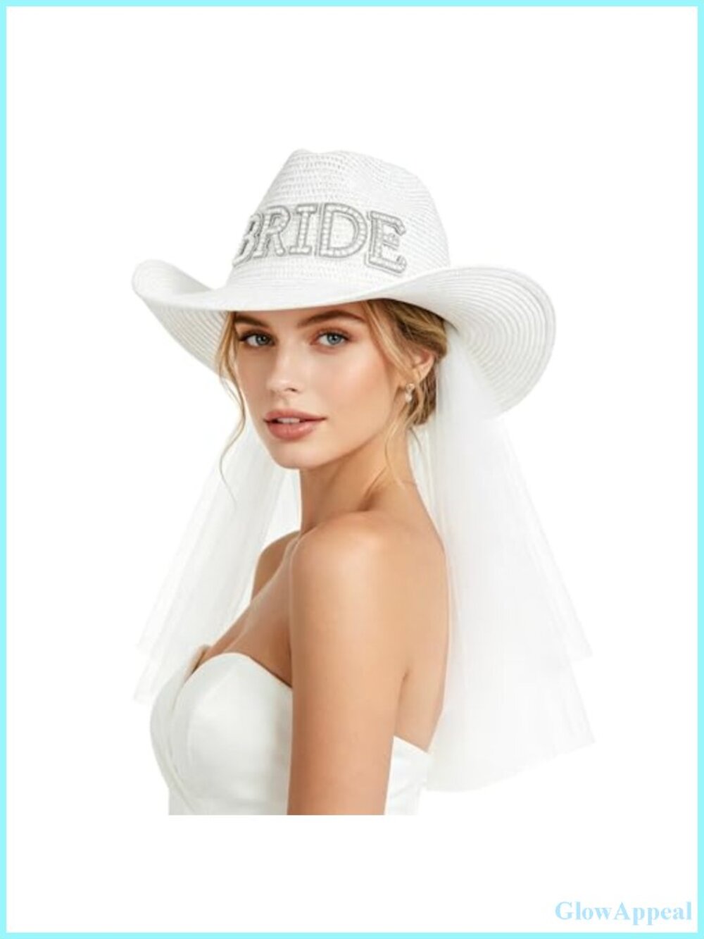 Bridal Cowboy Hat with Veil Rhinestone BRIDE Embroidery Paper Straw Beach